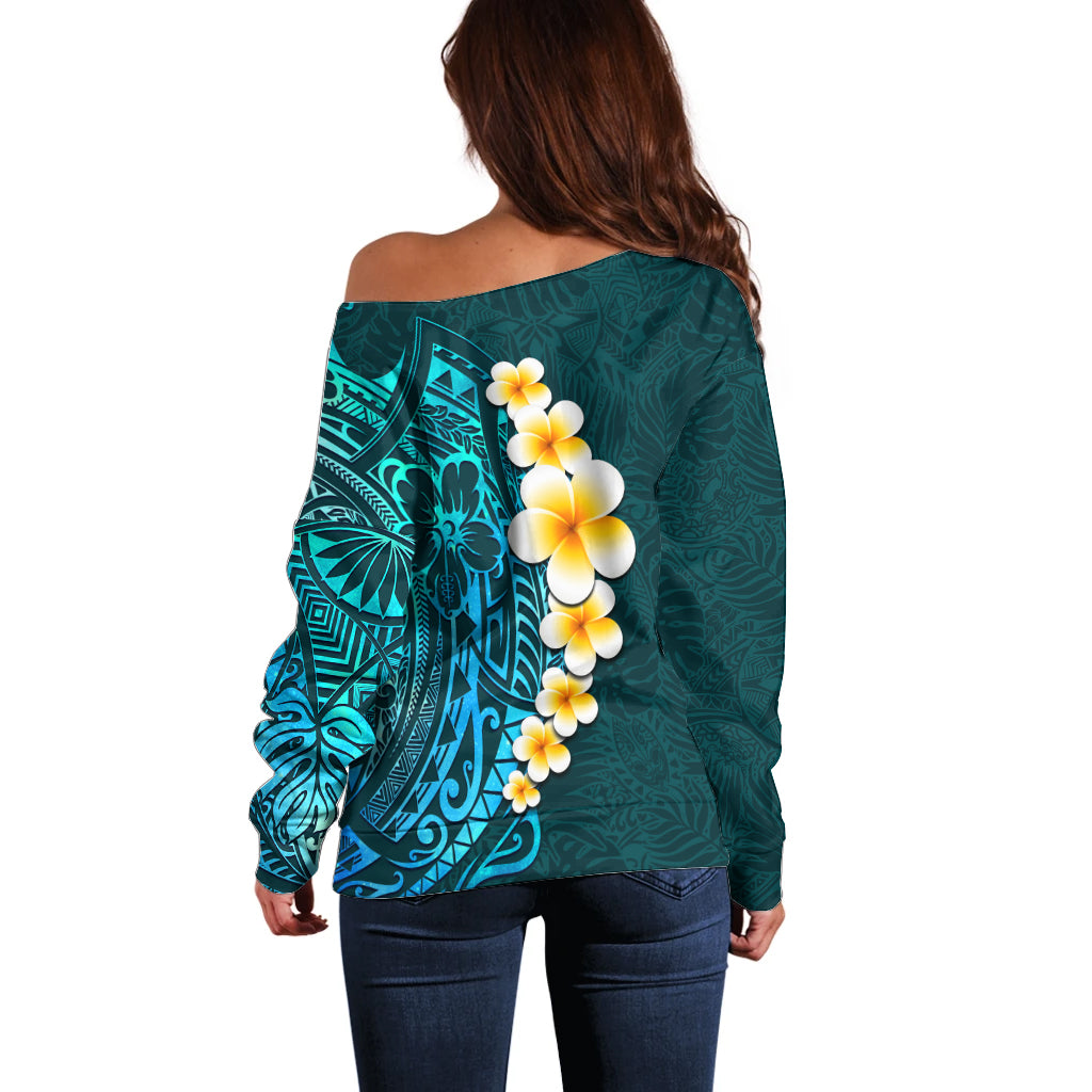 Turquoise Polynesia Off Shoulder Sweater Plumeria Tropical Leaves With Galaxy Polynesian Art LT14 - Polynesian Pride