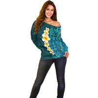 Turquoise Polynesia Off Shoulder Sweater Plumeria Tropical Leaves With Galaxy Polynesian Art LT14 - Polynesian Pride