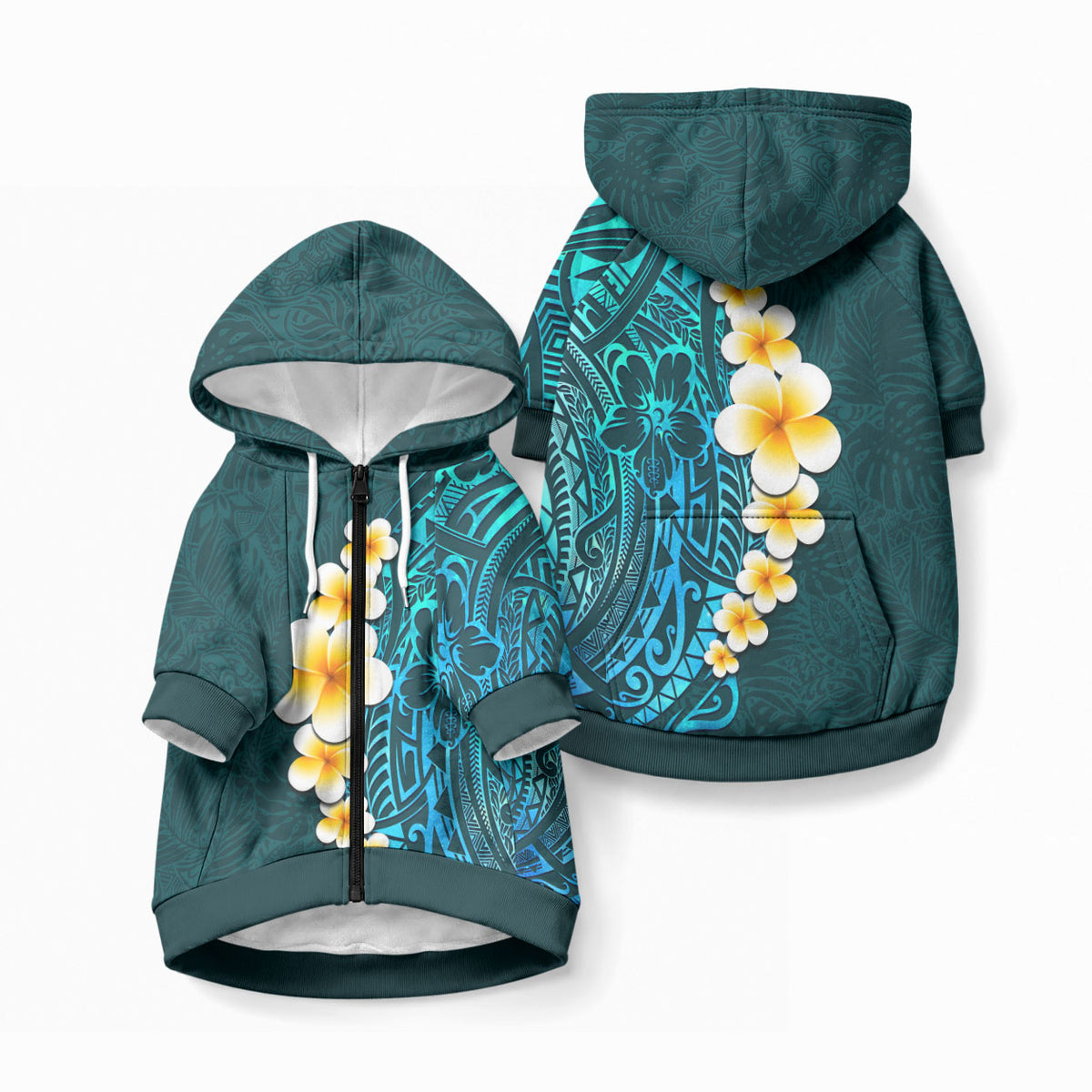 Turquoise Tropical Plumeria With Galaxy Polynesian Art Pet Hoodie LT14 Zip-up Turquoise - Polynesian Pride
