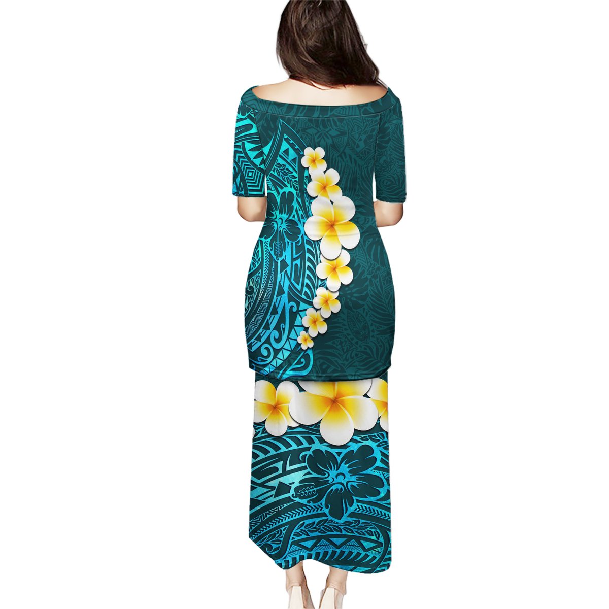 Turquosie Polynesia Puletasi Plumeria Tropical Leaves With Galaxy Polynesian Art LT14 - Polynesian Pride