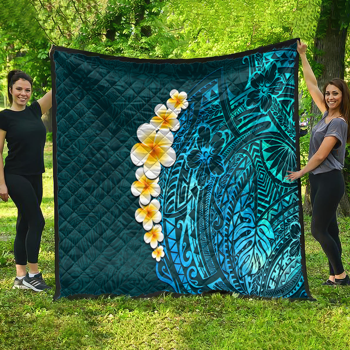 Turquoise Polynesia Quilt Plumeria Tropical Leaves With Galaxy Polynesian Art LT14 - Polynesian Pride