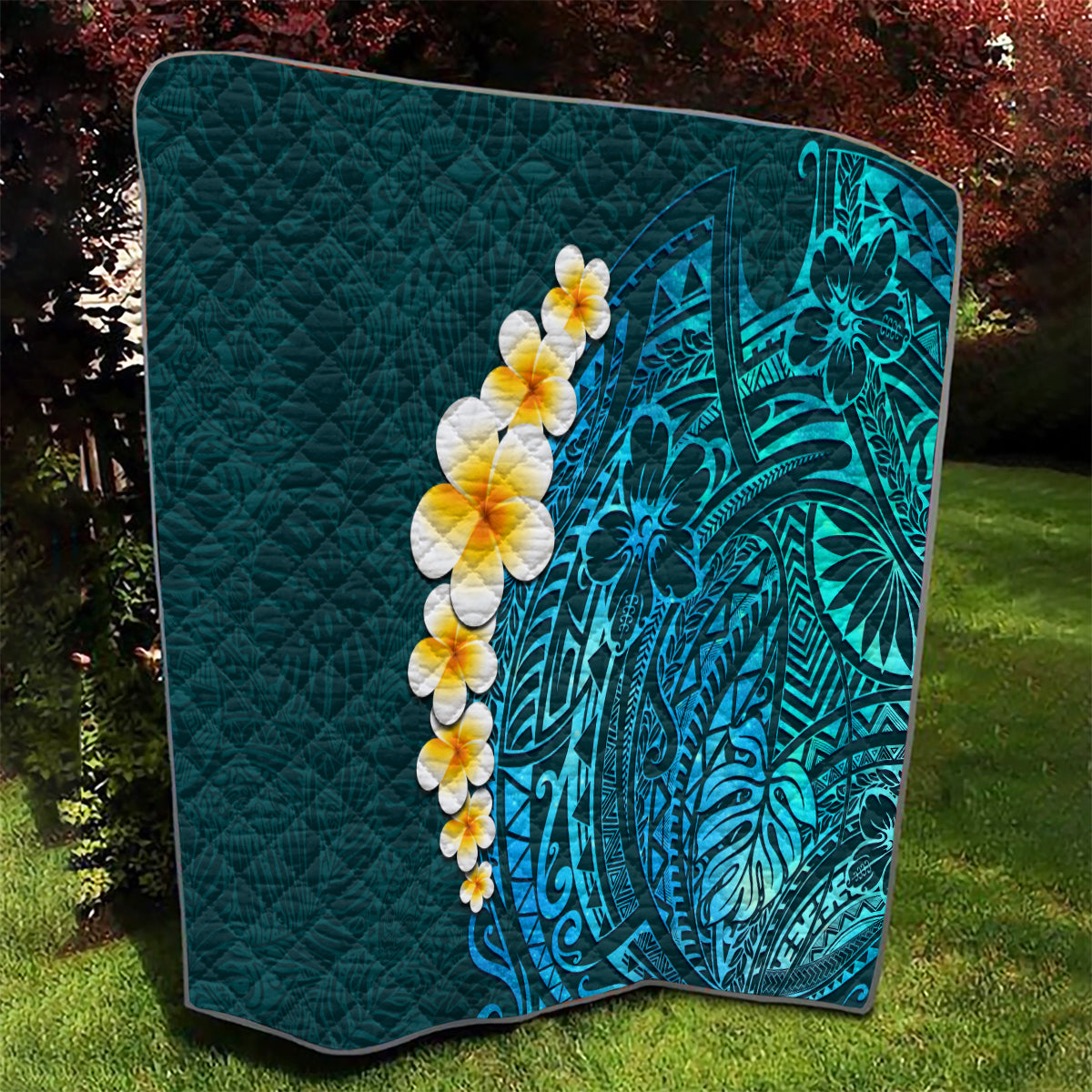 Turquoise Polynesia Quilt Plumeria Tropical Leaves With Galaxy Polynesian Art LT14 - Polynesian Pride