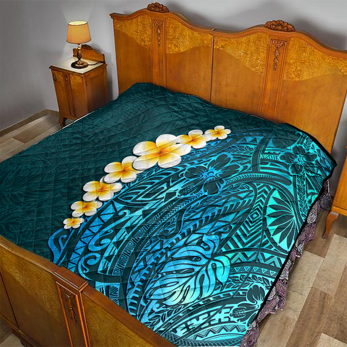 Turquoise Polynesia Quilt Plumeria Tropical Leaves With Galaxy Polynesian Art LT14 - Polynesian Pride