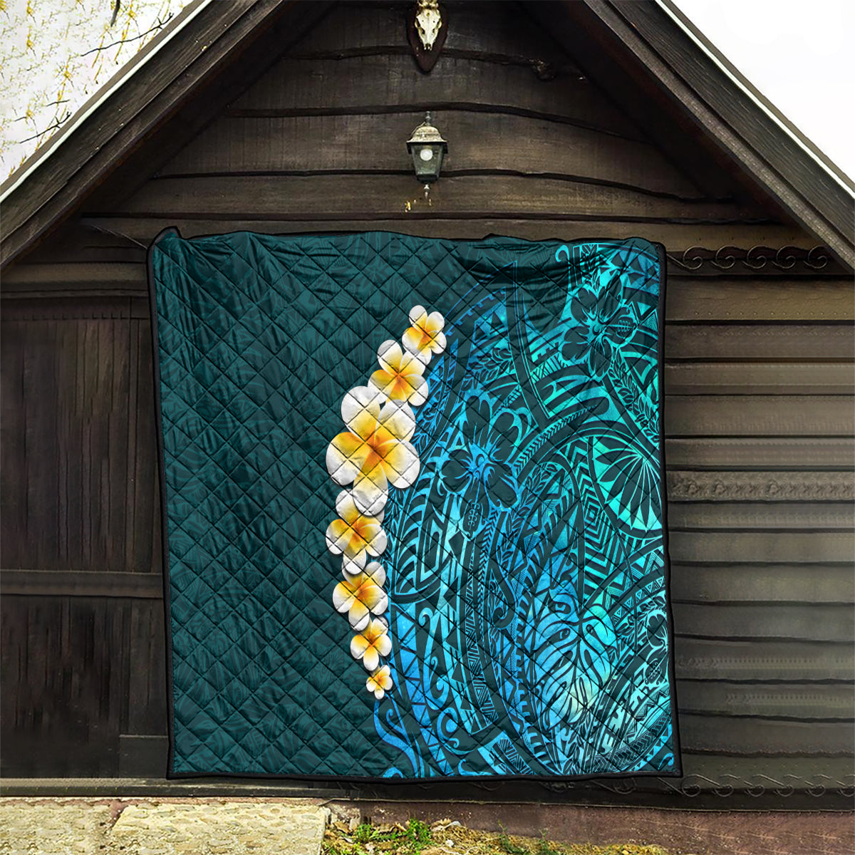 Turquoise Polynesia Quilt Plumeria Tropical Leaves With Galaxy Polynesian Art LT14 - Polynesian Pride
