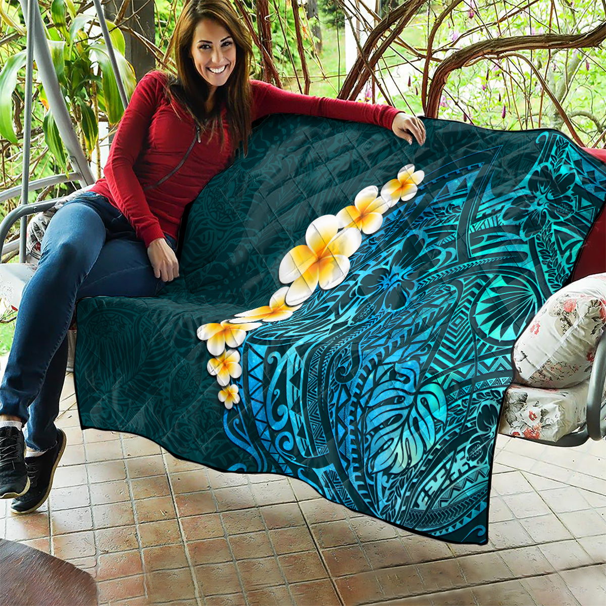 Turquoise Polynesia Quilt Plumeria Tropical Leaves With Galaxy Polynesian Art LT14 - Polynesian Pride