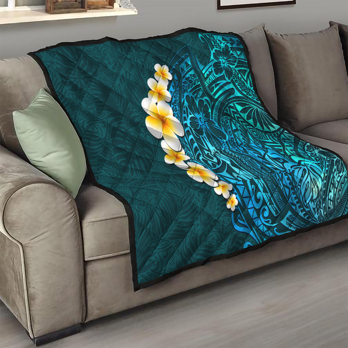 Turquoise Polynesia Quilt Plumeria Tropical Leaves With Galaxy Polynesian Art LT14 - Polynesian Pride