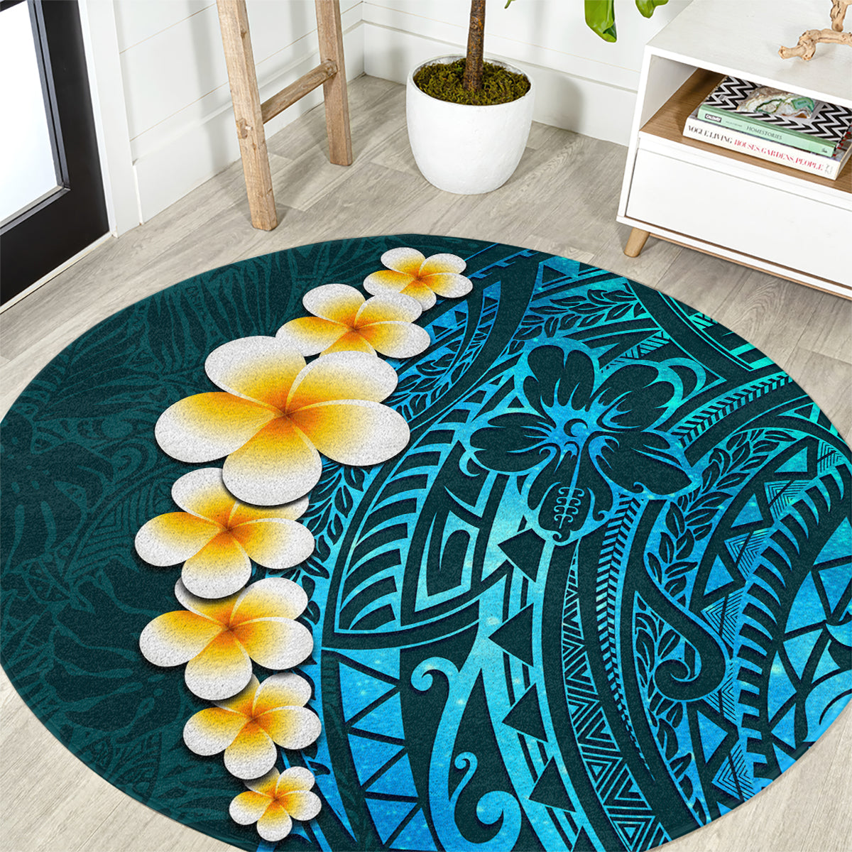Turquoise Polynesia Round Carpet Plumeria Tropical Leaves With Galaxy Polynesian Art LT14 Turquoise - Polynesian Pride