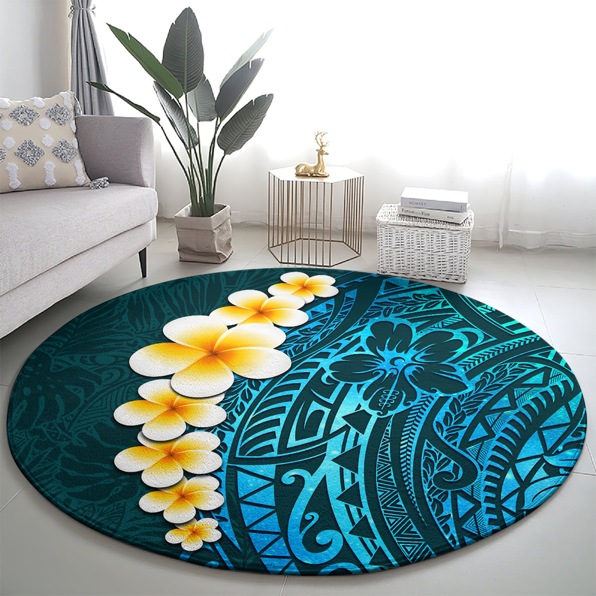Turquoise Polynesia Round Carpet Plumeria Tropical Leaves With Galaxy Polynesian Art LT14 - Polynesian Pride