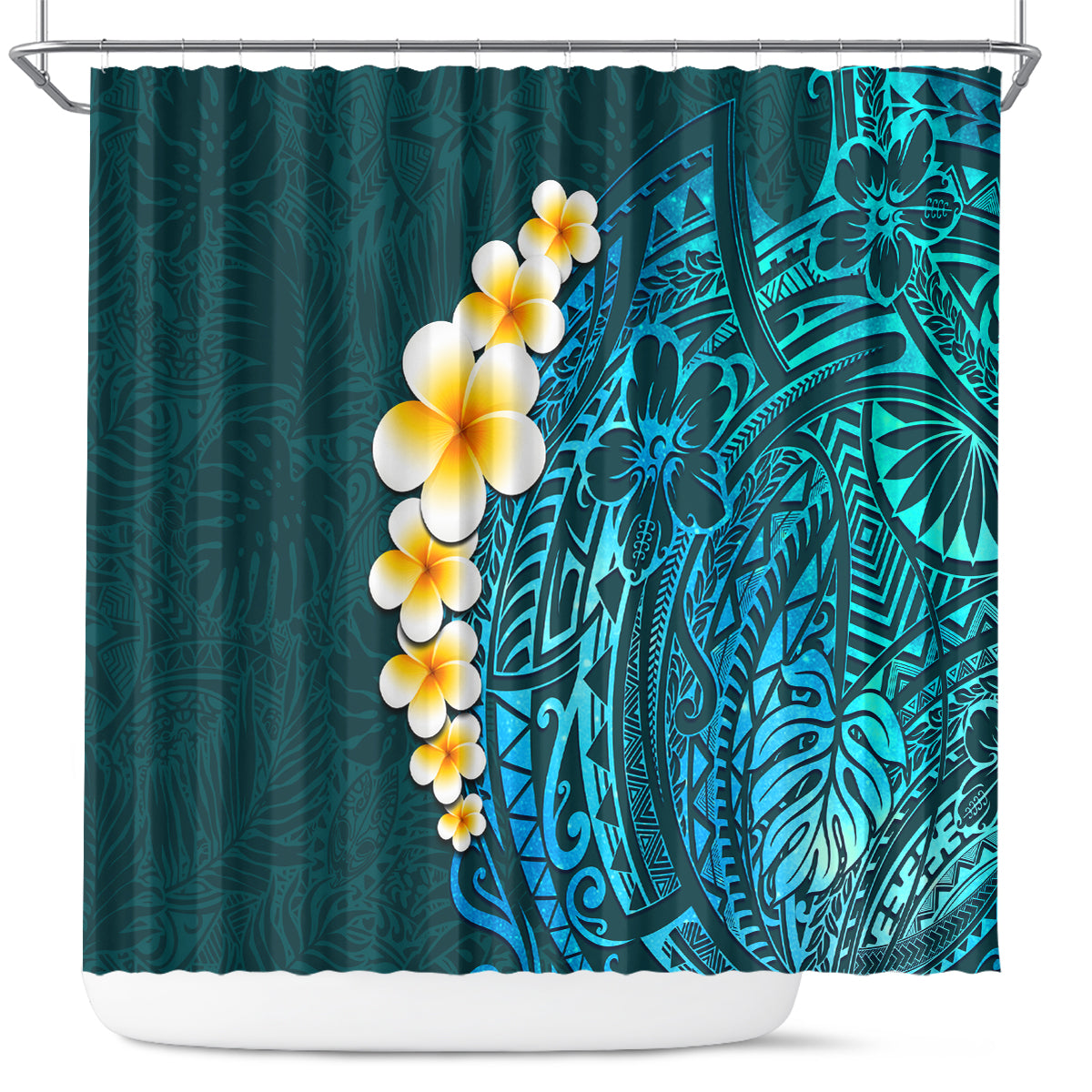 Turquosie Polynesia Shower Curtain Plumeria Tropical Leaves With Galaxy Polynesian Art LT14 Turquoise - Polynesian Pride