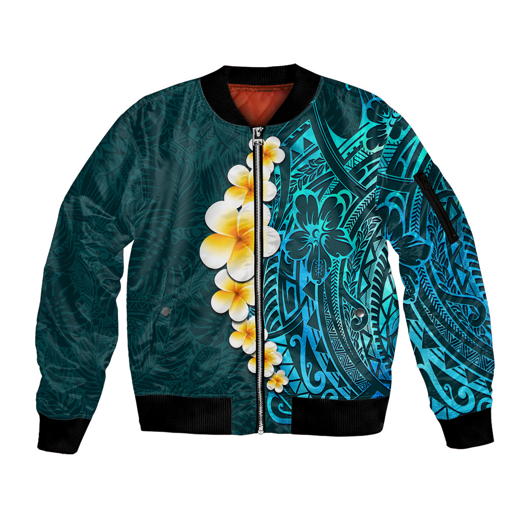Turquoise Polynesia Sleeve Zip Bomber Jacket Plumeria Tropical Leaves With Galaxy Polynesian Art LT14 Unisex Turquoise - Polynesian Pride