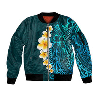 Turquoise Polynesia Sleeve Zip Bomber Jacket Plumeria Tropical Leaves With Galaxy Polynesian Art LT14 Unisex Turquoise - Polynesian Pride