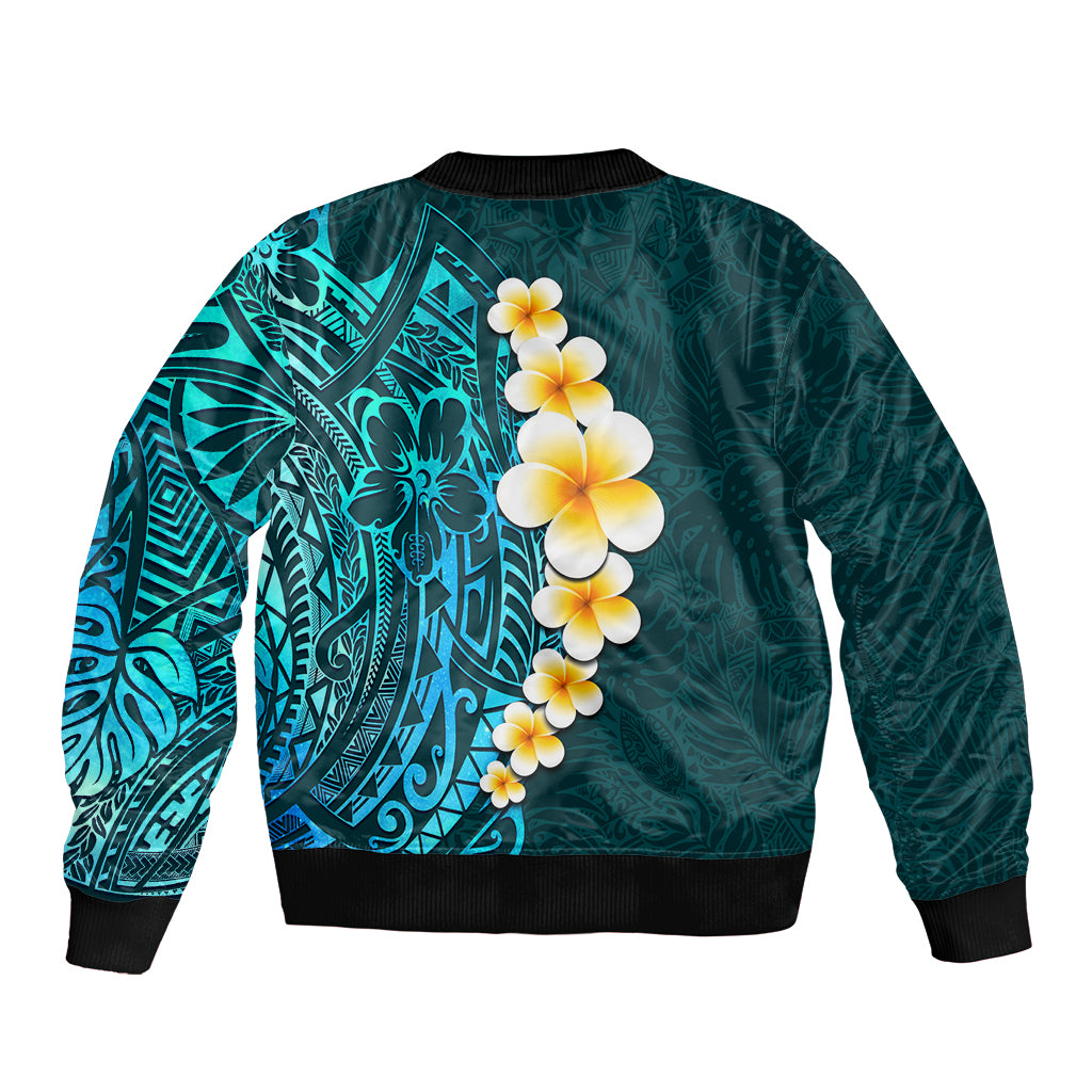 Turquoise Polynesia Sleeve Zip Bomber Jacket Plumeria Tropical Leaves With Galaxy Polynesian Art LT14 - Polynesian Pride