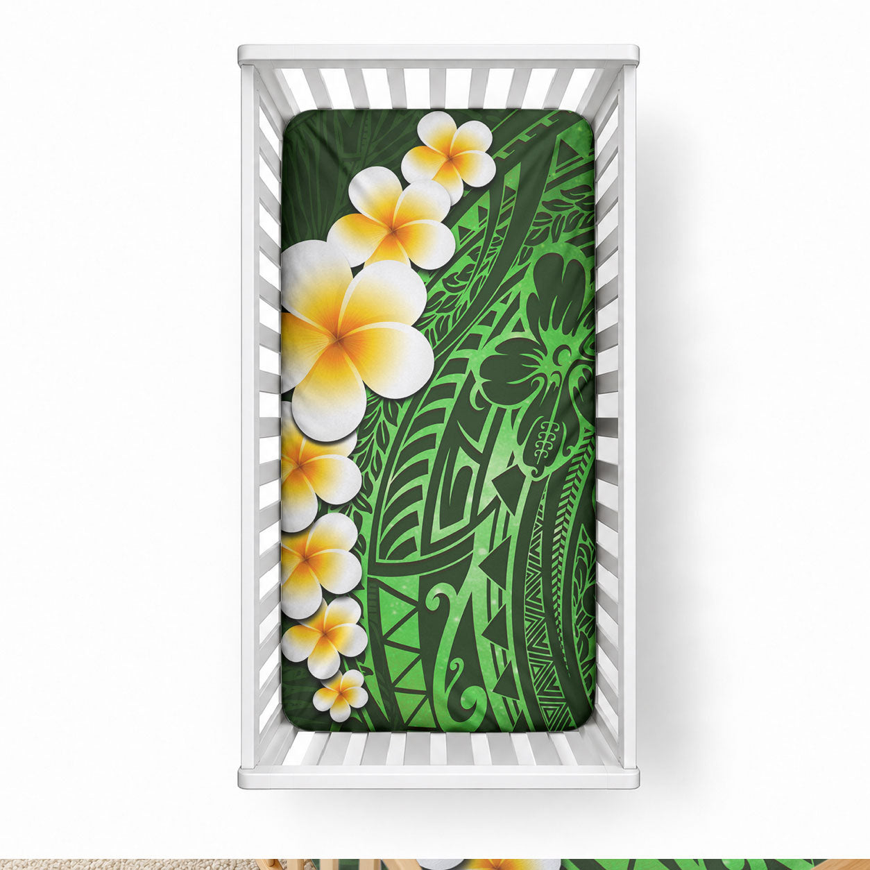 Green Tropical Plumeria With Galaxy Polynesian Art Baby Bed Cover