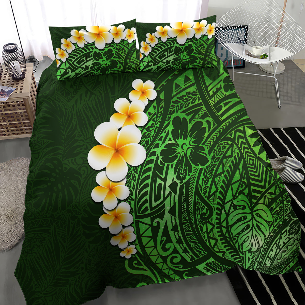 Green Polynesia Bedding Set Plumeria Tropical Leaves With Galaxy Polynesian Art LT14 - Polynesian Pride