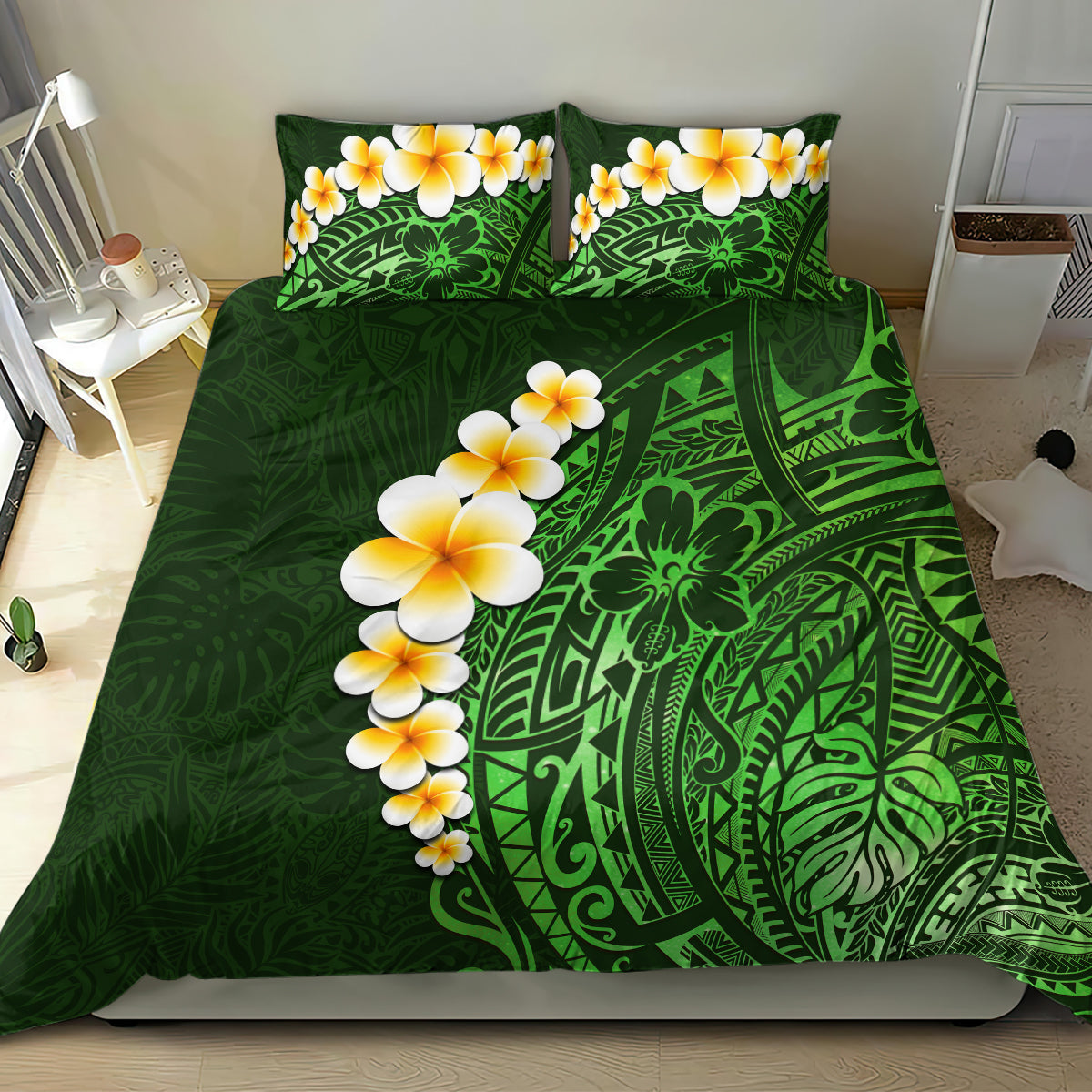 Green Polynesia Bedding Set Plumeria Tropical Leaves With Galaxy Polynesian Art LT14 - Polynesian Pride