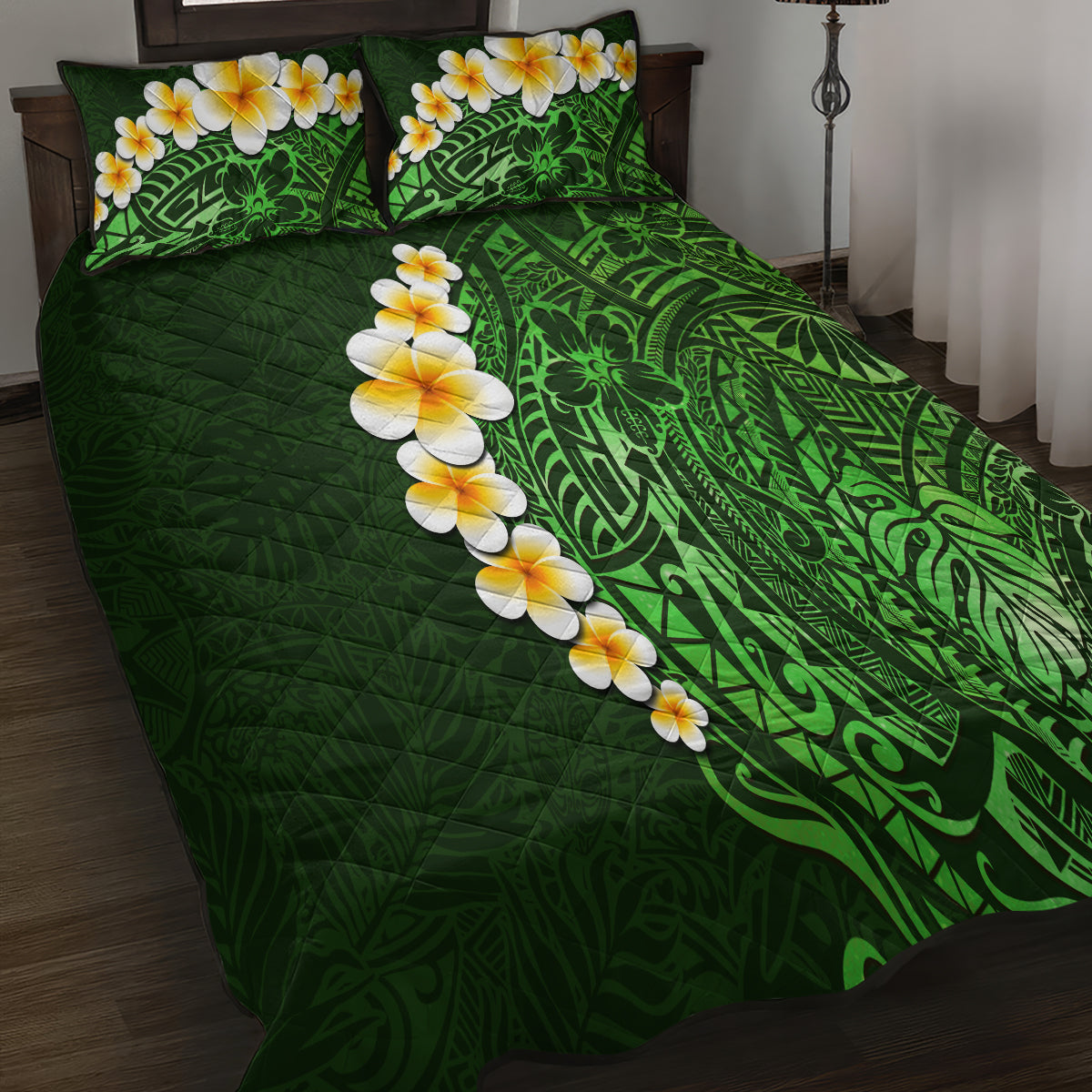Green Polynesia Quilt Bed Set Plumeria Tropical Leaves With Galaxy Polynesian Art LT14 - Polynesian Pride