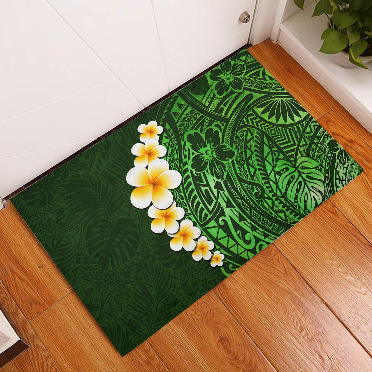 Green Polynesia Rubber Doormat Plumeria Tropical Leaves With Galaxy Polynesian Art LT14 Green - Polynesian Pride