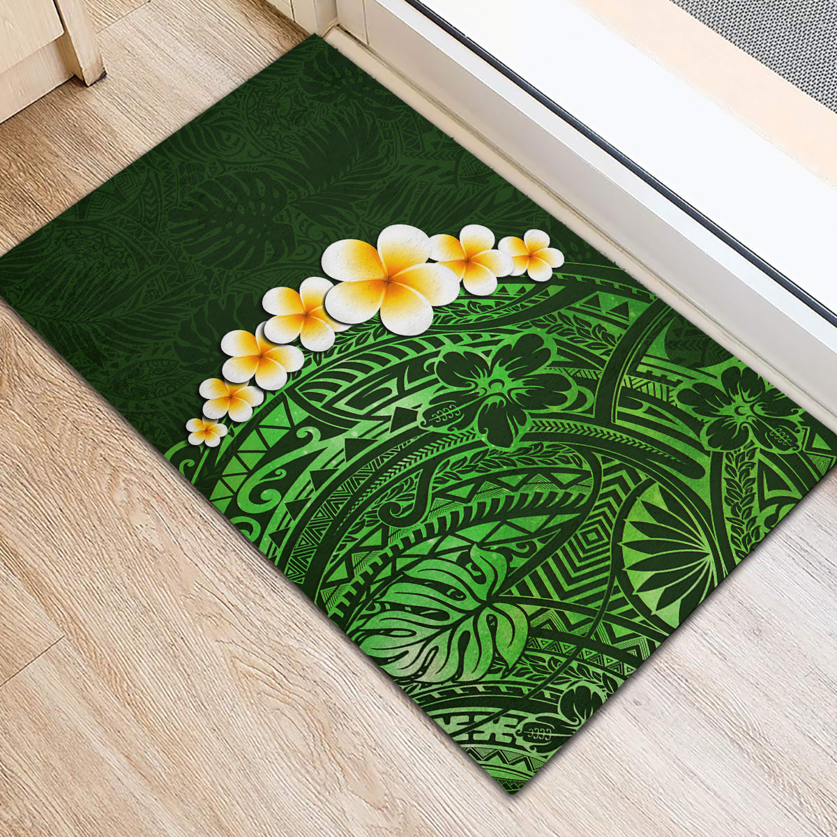 Green Polynesia Rubber Doormat Plumeria Tropical Leaves With Galaxy Polynesian Art LT14 - Polynesian Pride