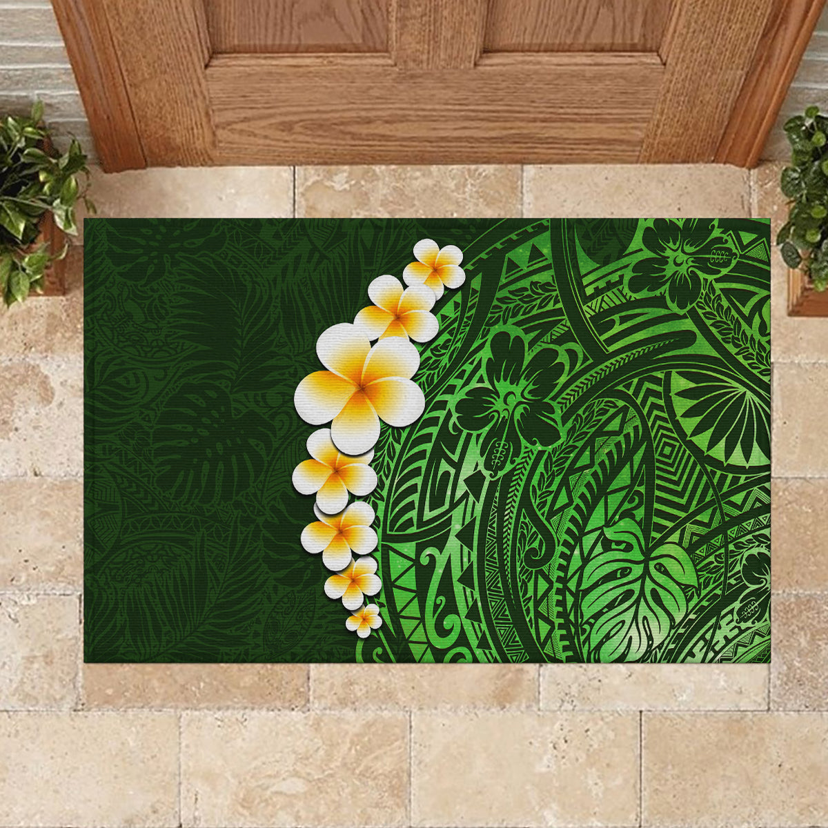 Green Polynesia Rubber Doormat Plumeria Tropical Leaves With Galaxy Polynesian Art LT14 - Polynesian Pride