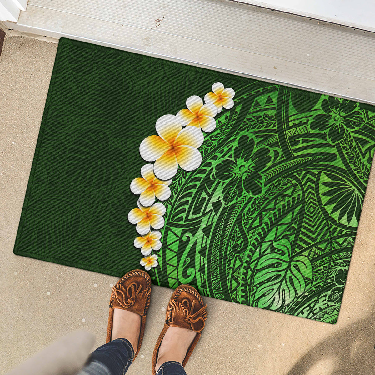 Green Polynesia Rubber Doormat Plumeria Tropical Leaves With Galaxy Polynesian Art LT14 - Polynesian Pride