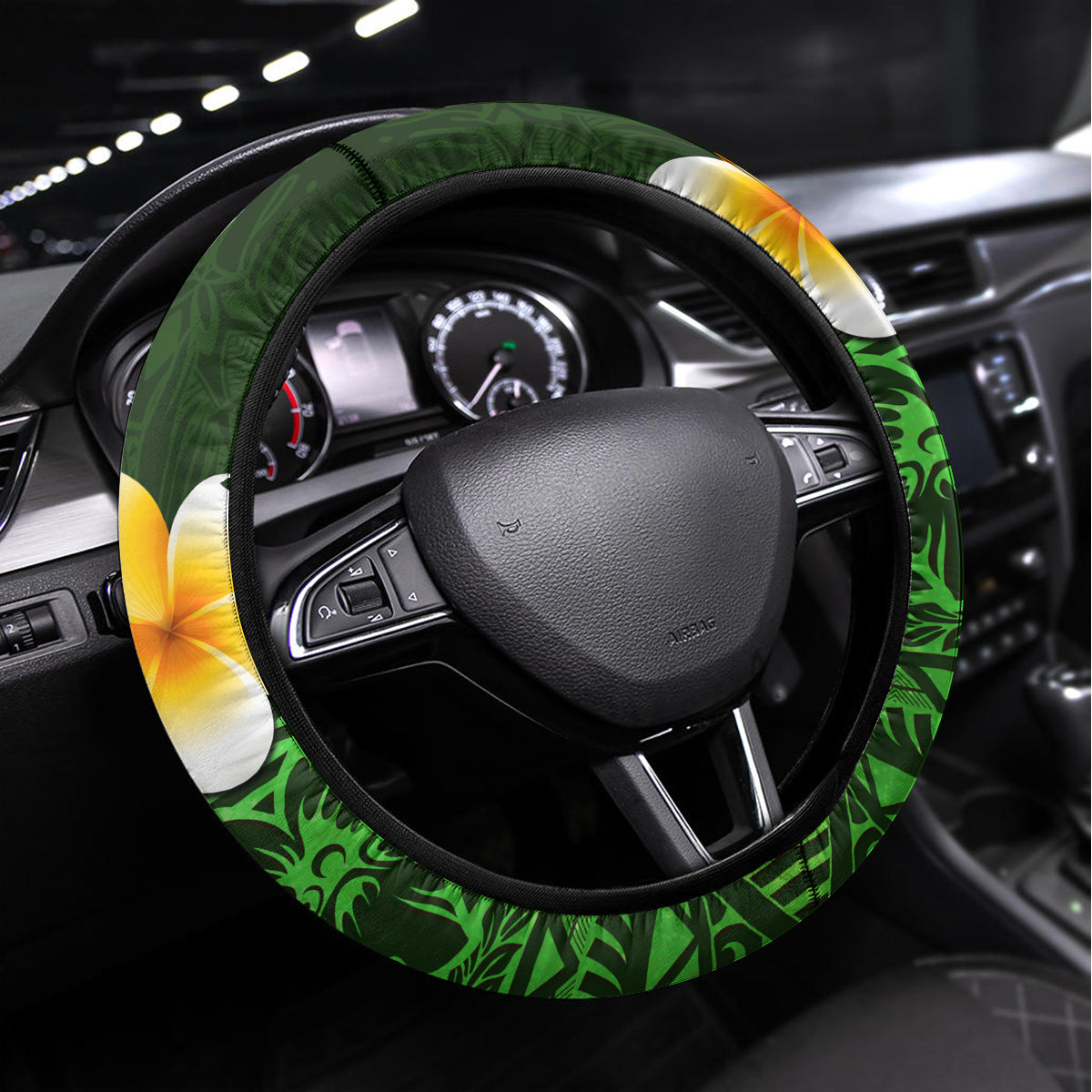 Green Polynesia Steering Wheel Cover Plumeria Tropical Leaves With Galaxy Polynesian Art