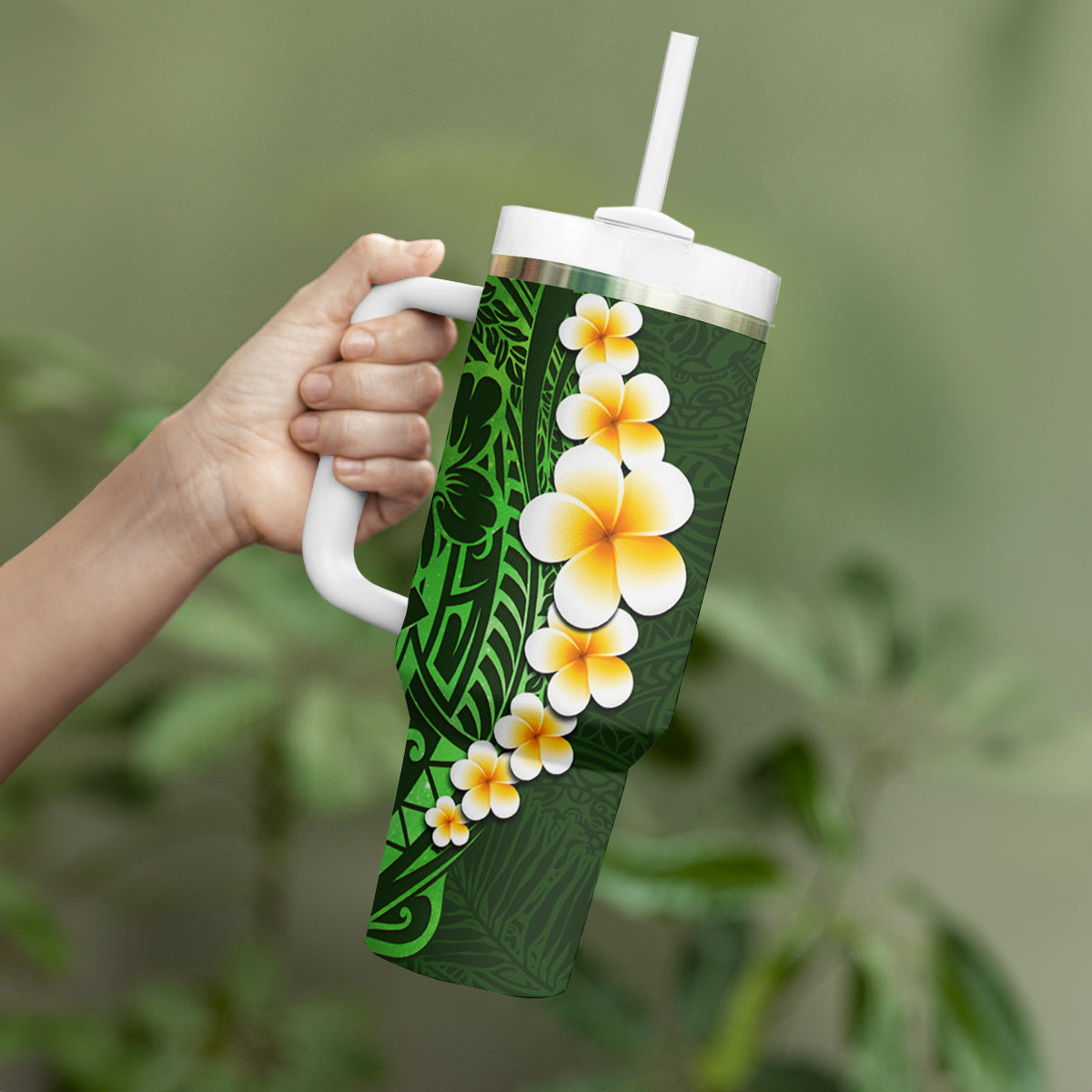 Green Polynesia Tumbler With Handle Plumeria Tropical Leaves With Galaxy Polynesian Art LT14 - Polynesian Pride