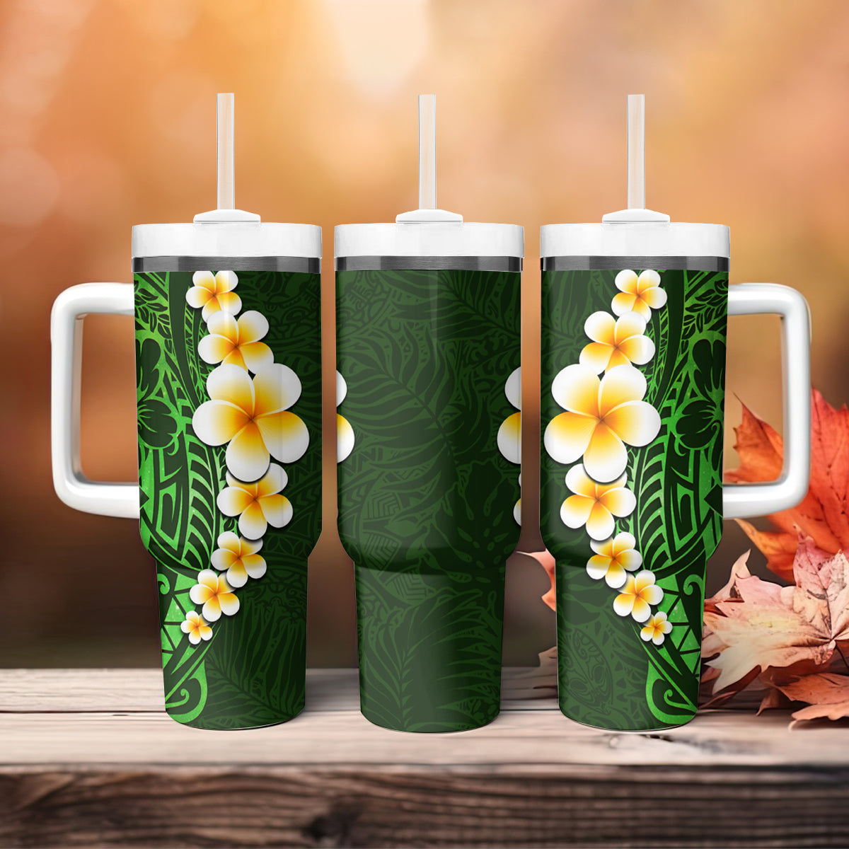 Green Polynesia Tumbler With Handle Plumeria Tropical Leaves With Galaxy Polynesian Art LT14 - Polynesian Pride
