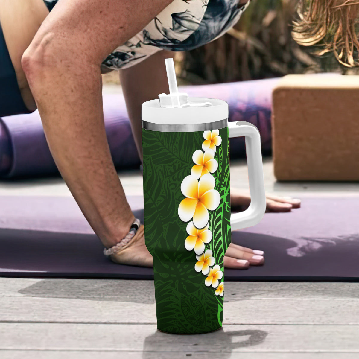 Green Polynesia Tumbler With Handle Plumeria Tropical Leaves With Galaxy Polynesian Art LT14 - Polynesian Pride