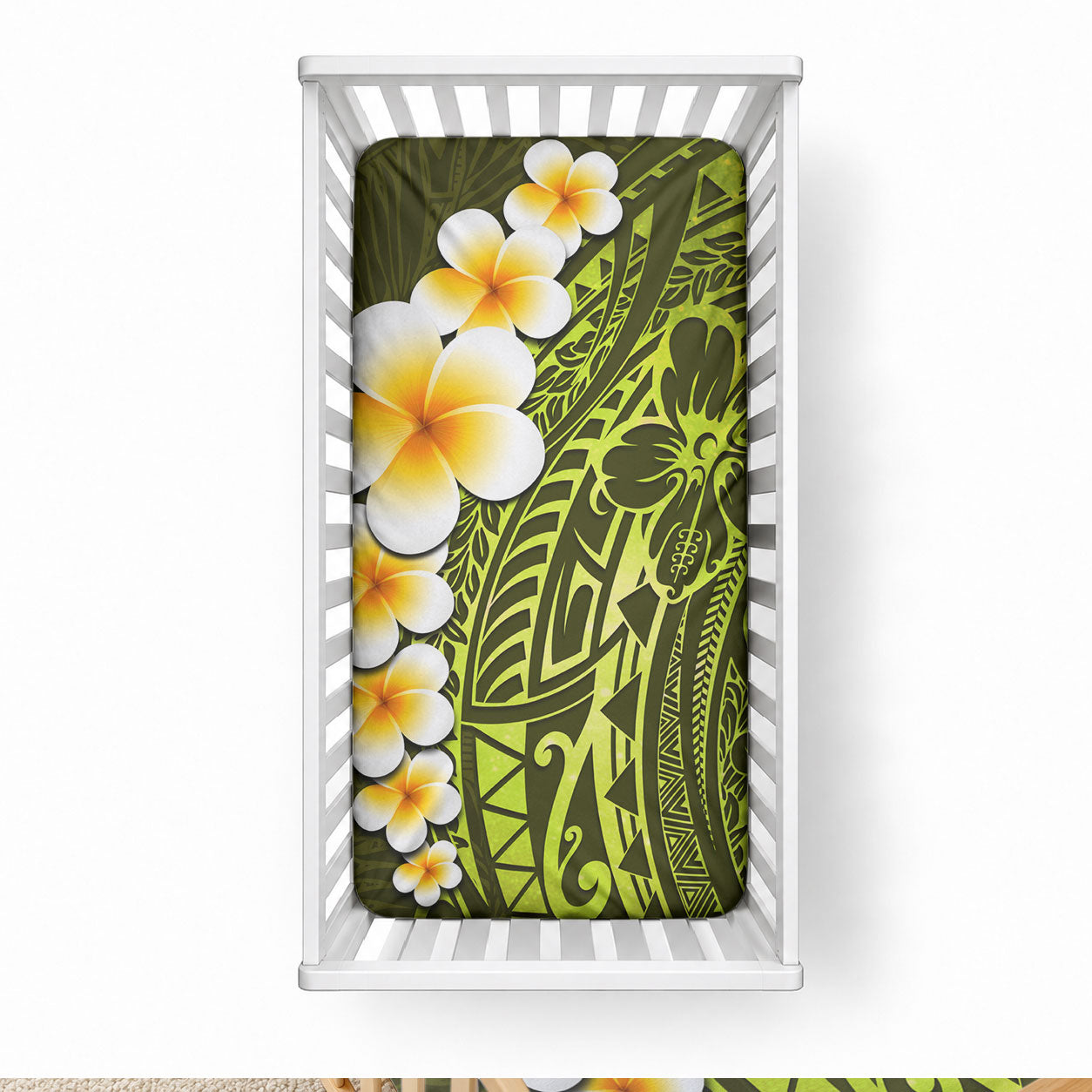 Lime Green Tropical Plumeria With Galaxy Polynesian Art Baby Bed Cover