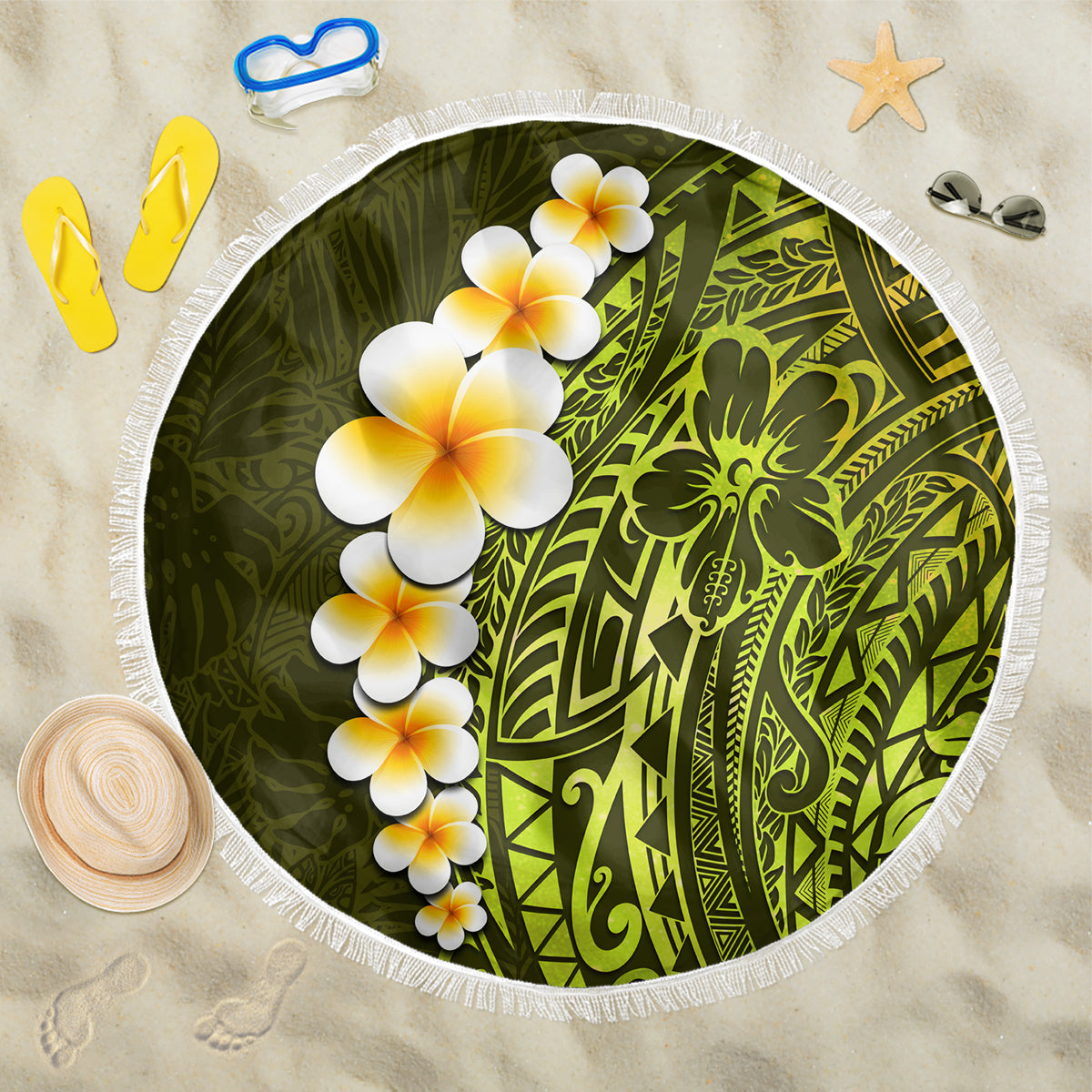 Lime Green Tropical Plumeria With Galaxy Polynesian Art Beach Blanket LT14 One Size 150cm Lime Green - Polynesian Pride