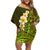 Lime Green Tropical Plumeria With Galaxy Polynesian Art Family Matching Off Shoulder Short Dress and Hawaiian Shirt LT14 Mom's Dress Lime Green - Polynesian Pride