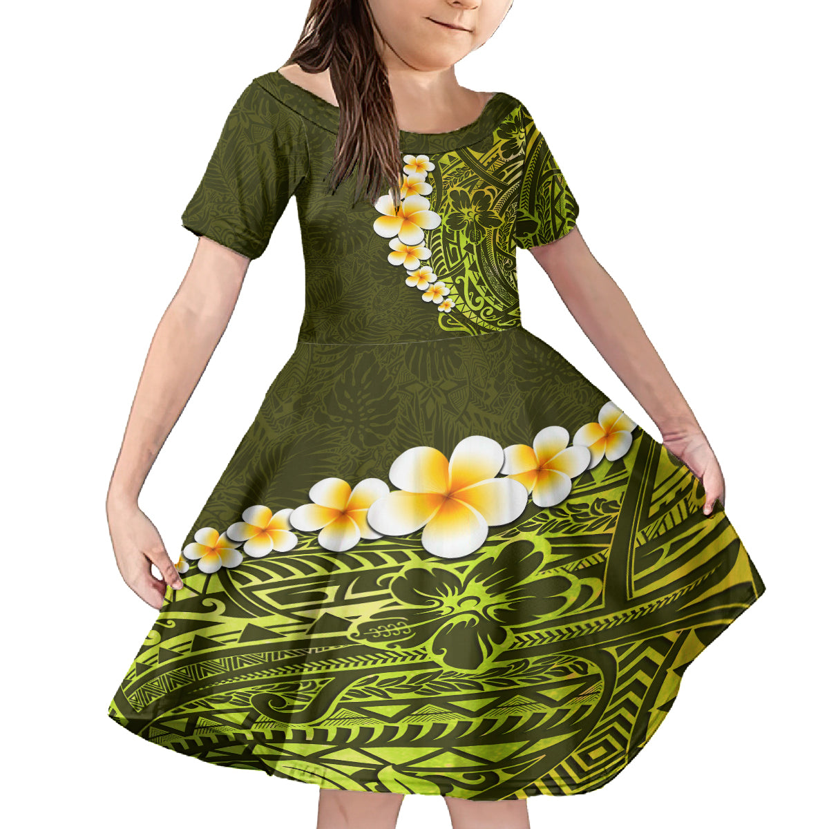 Lime Green Tropical Plumeria With Galaxy Polynesian Art Kid Short Sleeve Dress LT14 KID Lime Green - Polynesian Pride