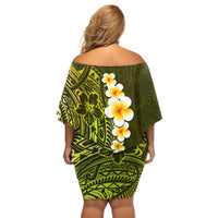 Lime Green Tropical Plumeria With Galaxy Polynesian Art Off Shoulder Short Dress LT14 - Polynesian Pride