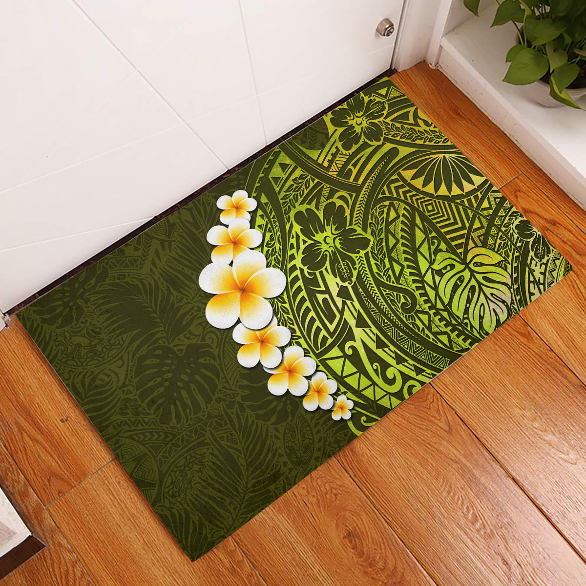 Lime Green Tropical Plumeria With Galaxy Polynesian Art Rubber Doormat LT14 Lime Green - Polynesian Pride