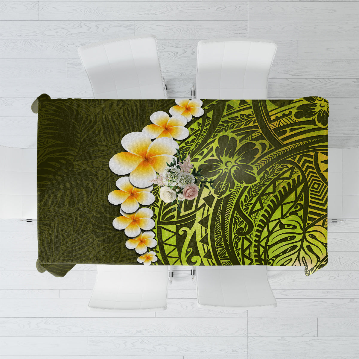 Lime Green Tropical Plumeria With Galaxy Polynesian Art Tablecloth LT14 Lime Green - Polynesian Pride