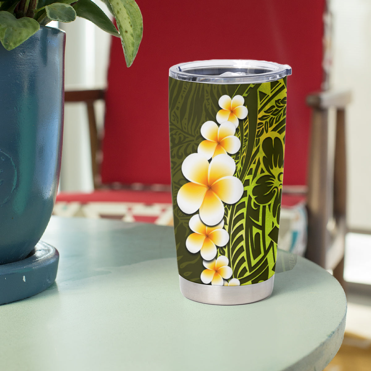 Lime Green Tropical Plumeria With Galaxy Polynesian Art Tumbler Cup LT14 - Polynesian Pride