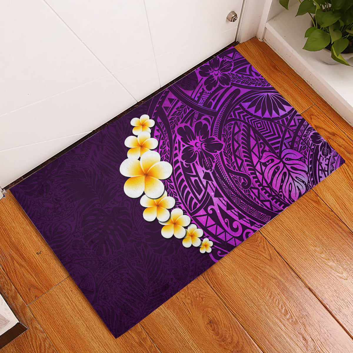 Purple Tropical Plumeria With Galaxy Polynesian Art Rubber Doormat LT14 Purple - Polynesian Pride