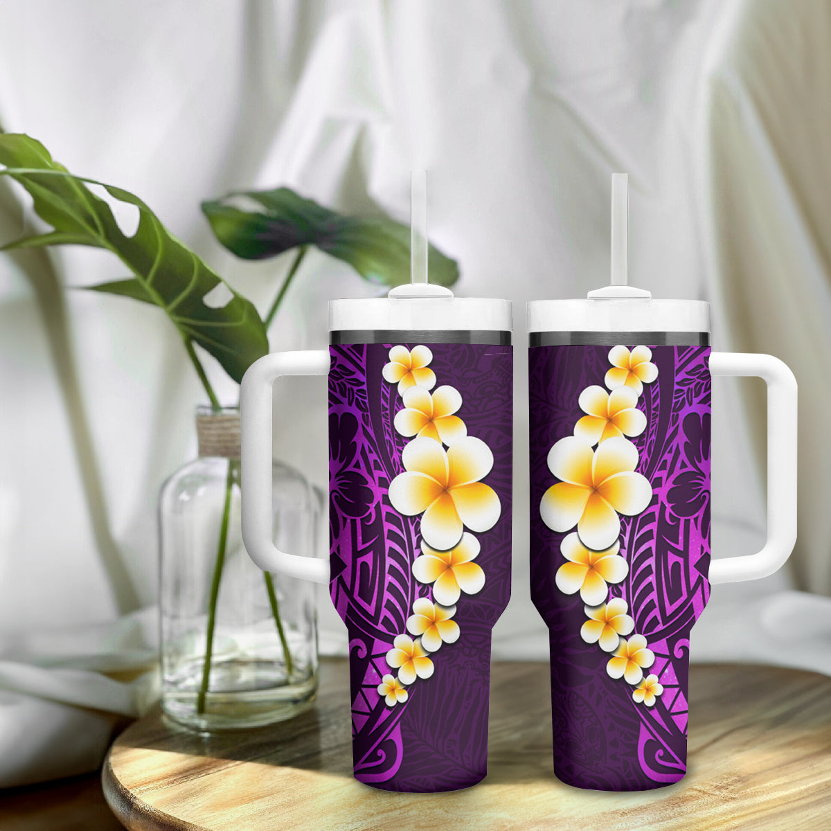 Purple Tropical Plumeria With Galaxy Polynesian Art Tumbler With Handle LT14 - Polynesian Pride