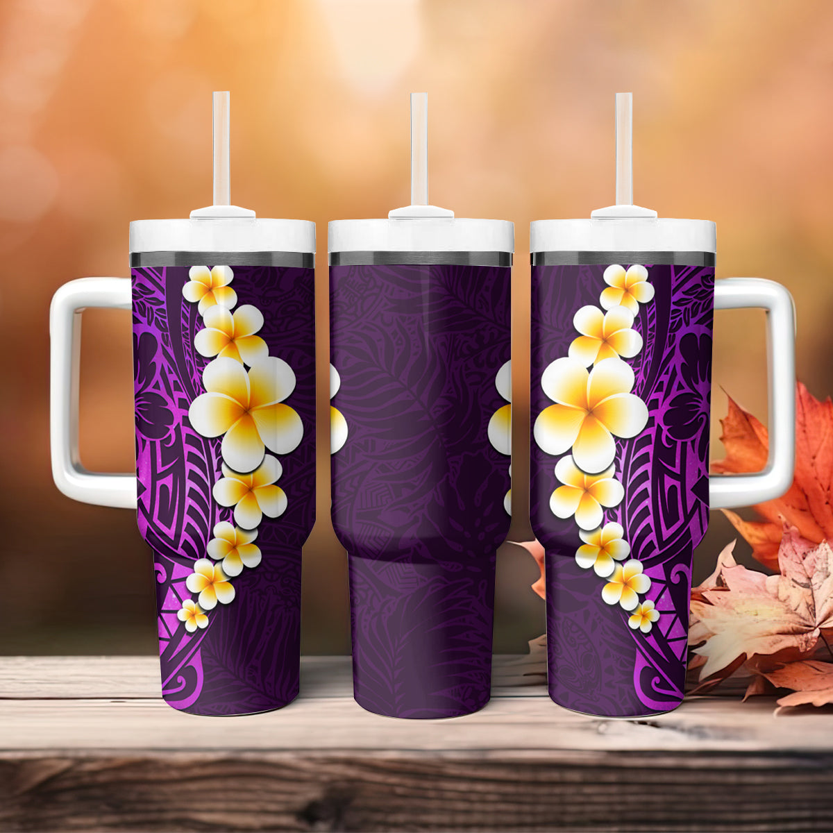 Purple Tropical Plumeria With Galaxy Polynesian Art Tumbler With Handle LT14 - Polynesian Pride