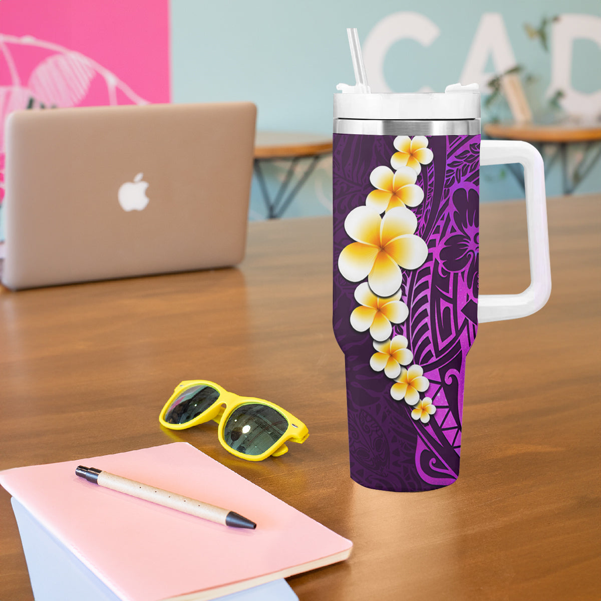 Purple Tropical Plumeria With Galaxy Polynesian Art Tumbler With Handle LT14 - Polynesian Pride