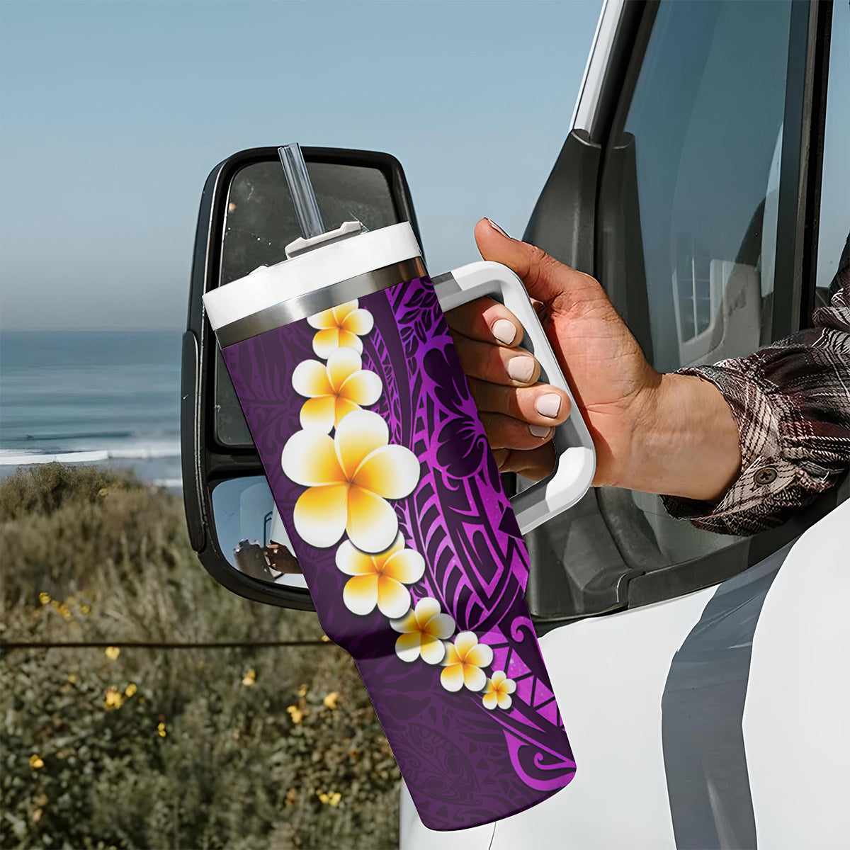 Purple Tropical Plumeria With Galaxy Polynesian Art Tumbler With Handle LT14 - Polynesian Pride