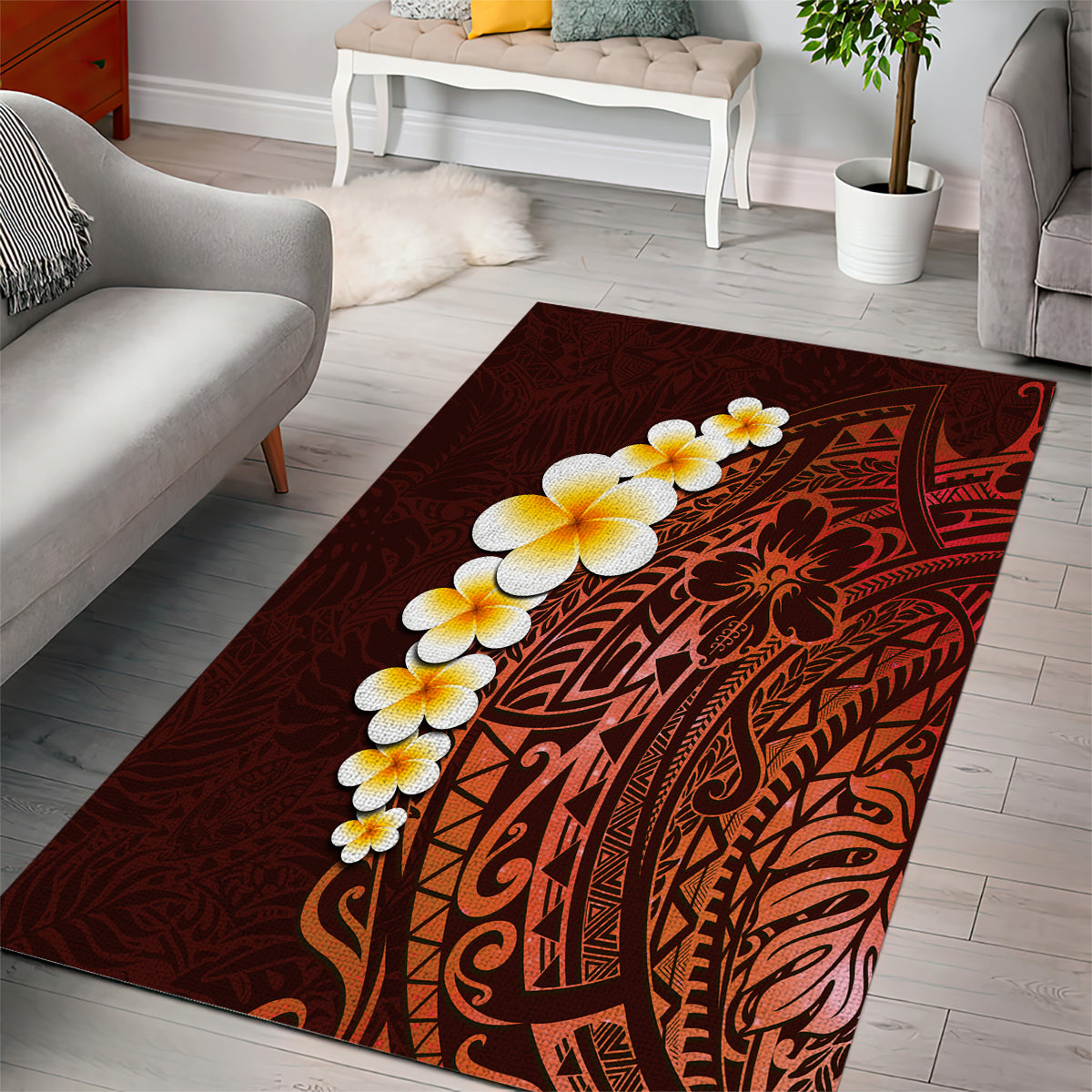 Red Tropical Plumeria With Galaxy Polynesian Art Area Rug LT14 - Polynesian Pride