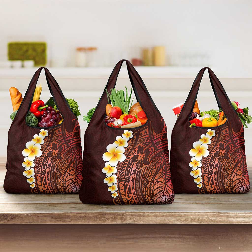Red Tropical Plumeria With Galaxy Polynesian Art Grocery Bag LT14 3-pack One Size Red - Polynesian Pride