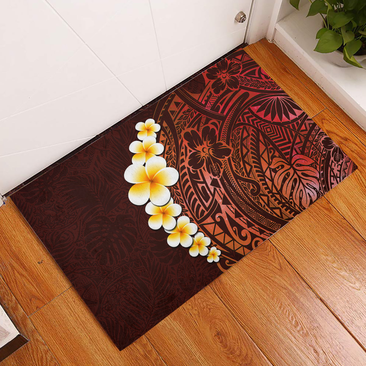 Red Tropical Plumeria With Galaxy Polynesian Art Rubber Doormat LT14 Red - Polynesian Pride