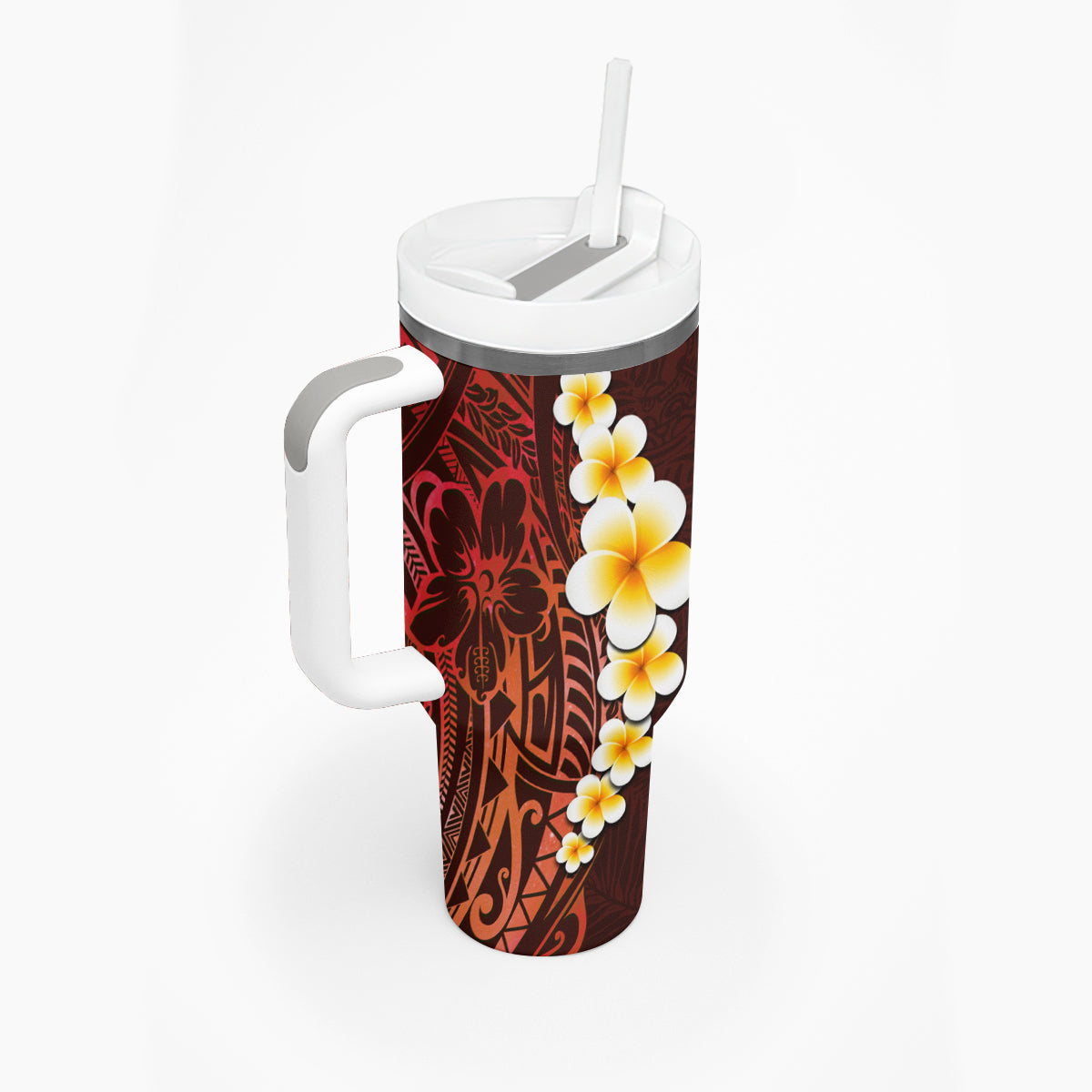 Red Tropical Plumeria With Galaxy Polynesian Art Tumbler With Handle LT14 - Polynesian Pride
