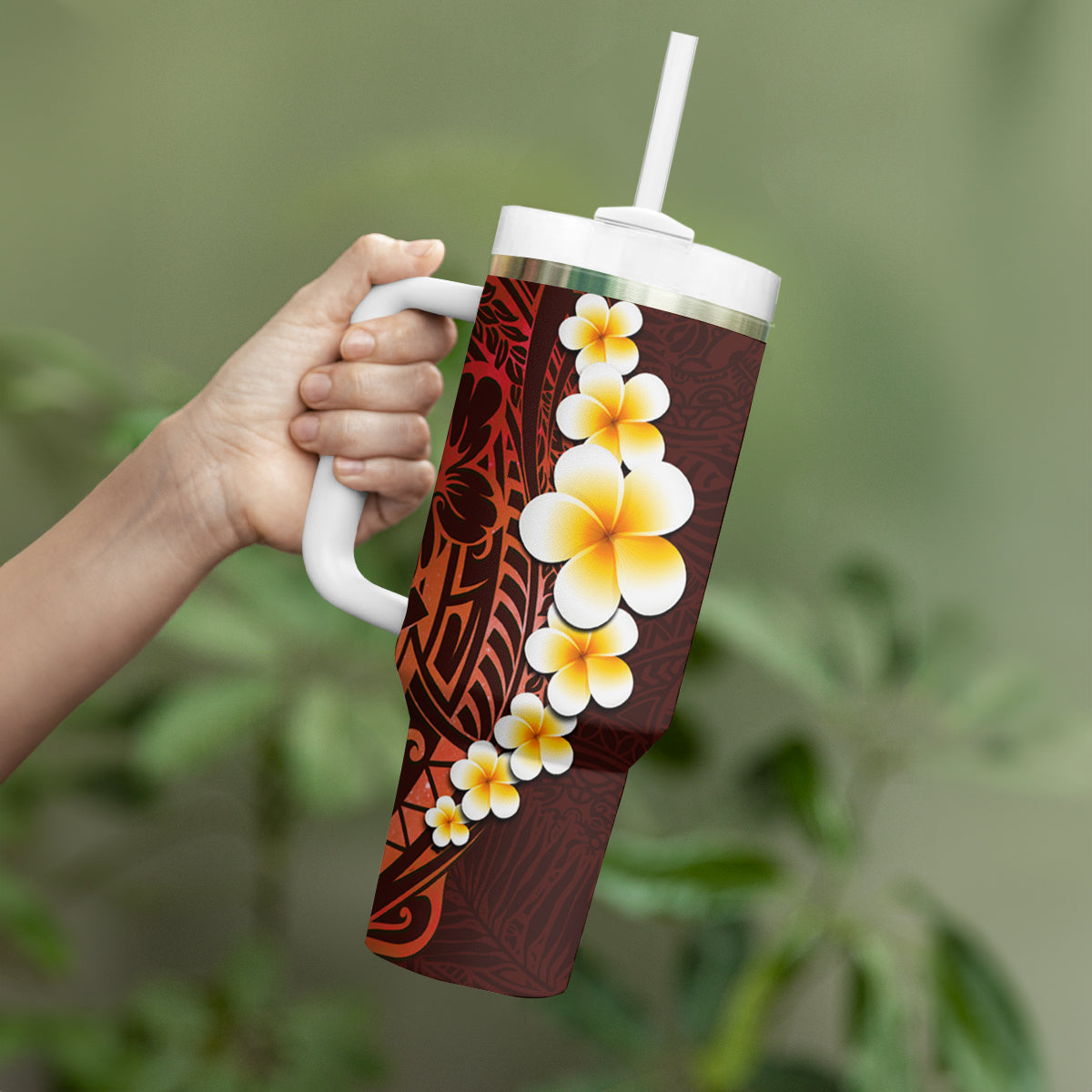 Red Tropical Plumeria With Galaxy Polynesian Art Tumbler With Handle LT14 - Polynesian Pride