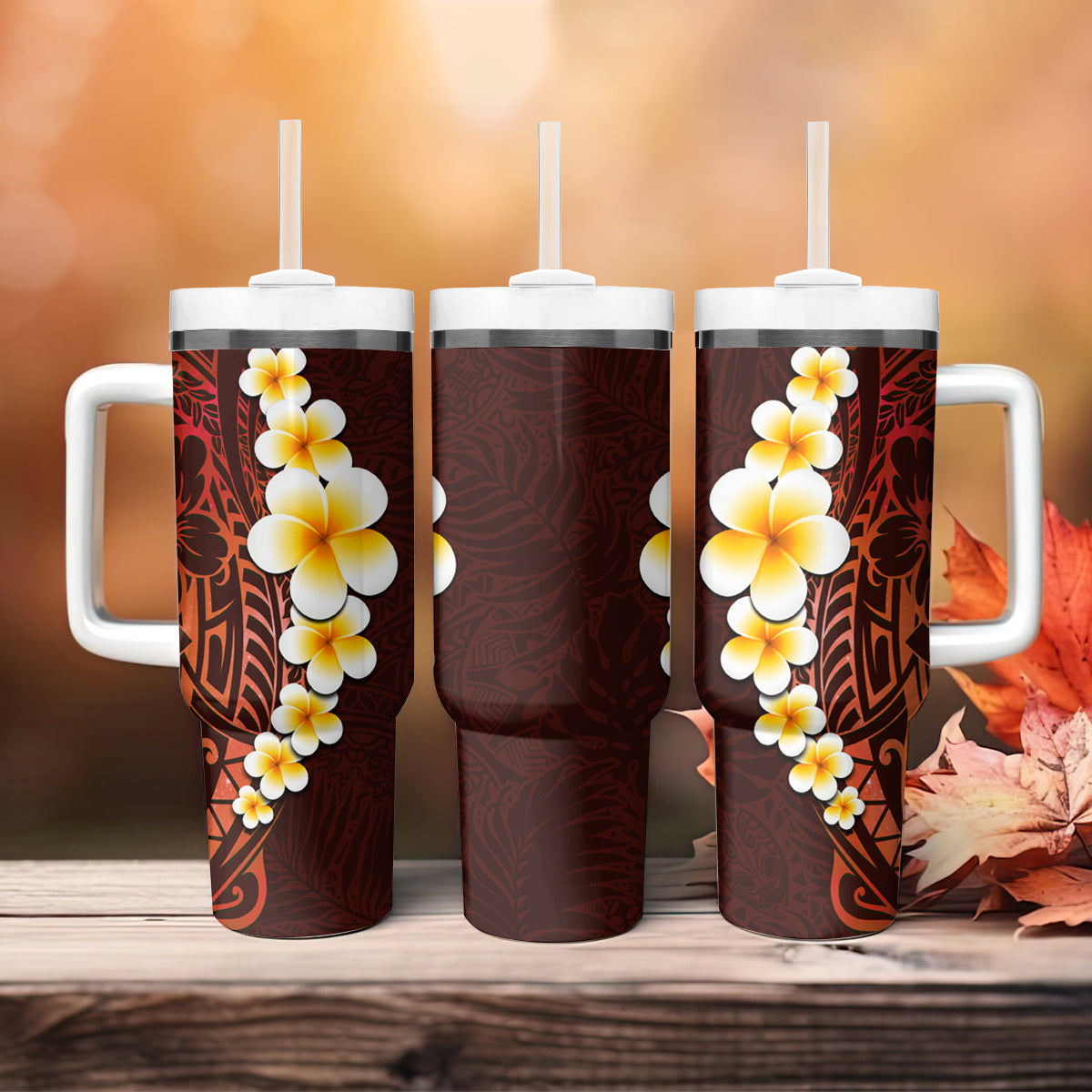 Red Tropical Plumeria With Galaxy Polynesian Art Tumbler With Handle LT14 - Polynesian Pride