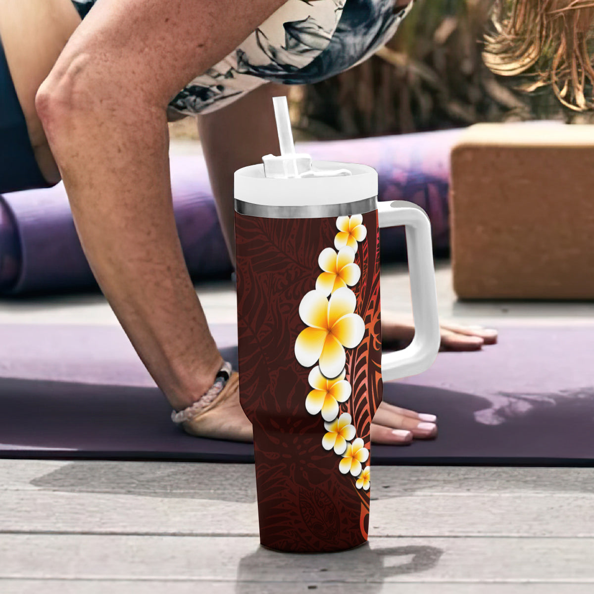 Red Tropical Plumeria With Galaxy Polynesian Art Tumbler With Handle LT14 - Polynesian Pride