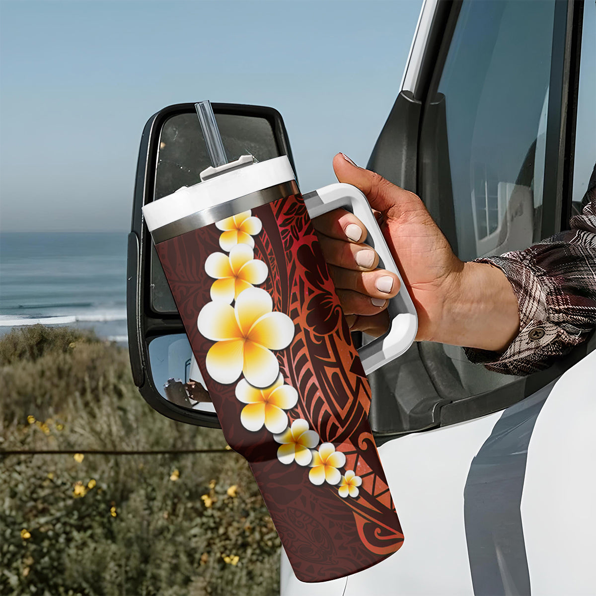 Red Tropical Plumeria With Galaxy Polynesian Art Tumbler With Handle LT14 - Polynesian Pride