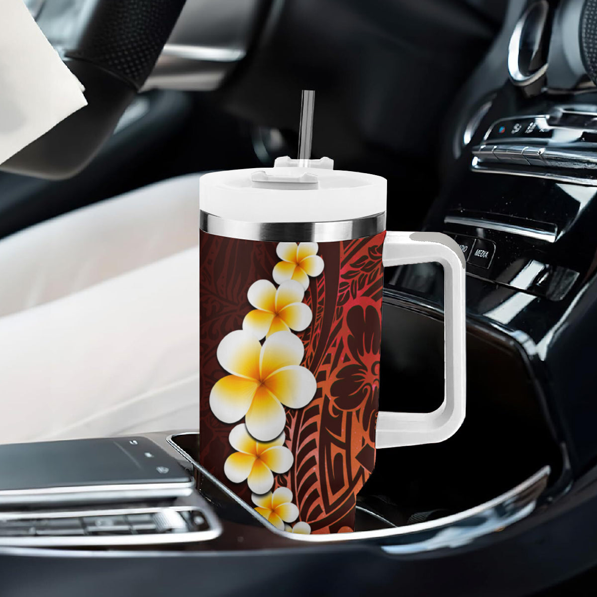 Red Tropical Plumeria With Galaxy Polynesian Art Tumbler With Handle LT14 - Polynesian Pride